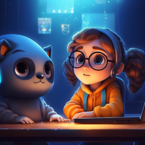 Una niña de dibujos animados con un lindo robot.