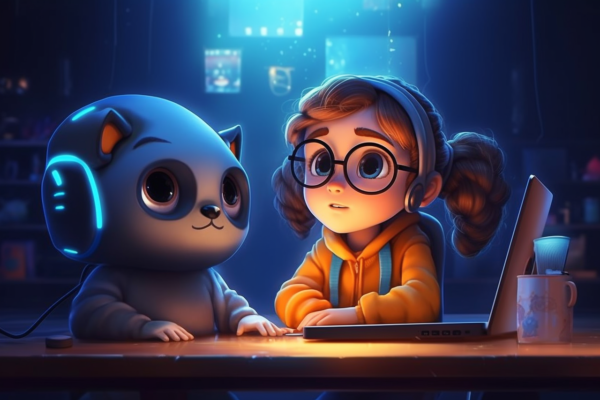 Una niña de dibujos animados con un lindo robot.