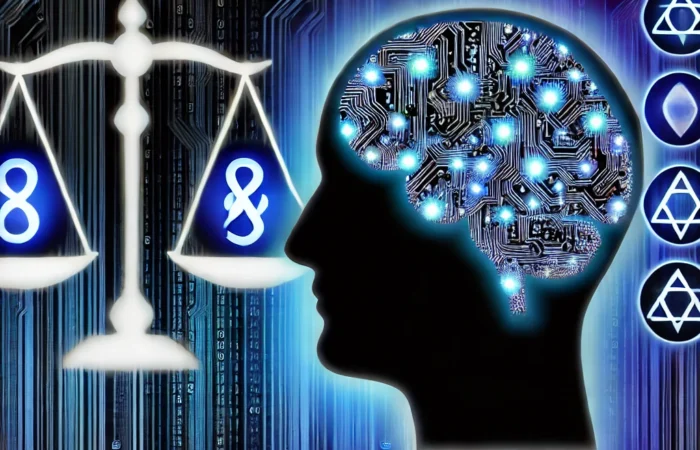 Una imagen visualmente impactante que representa los desafíos éticos de la inteligencia artificial (IA). La imagen debe presentar un cerebro humano compuesto de elementos digitales.