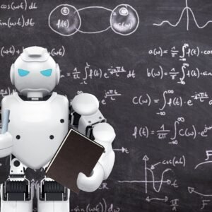 Un robot parado frente a una pizarra llena de problemas matemáticos.