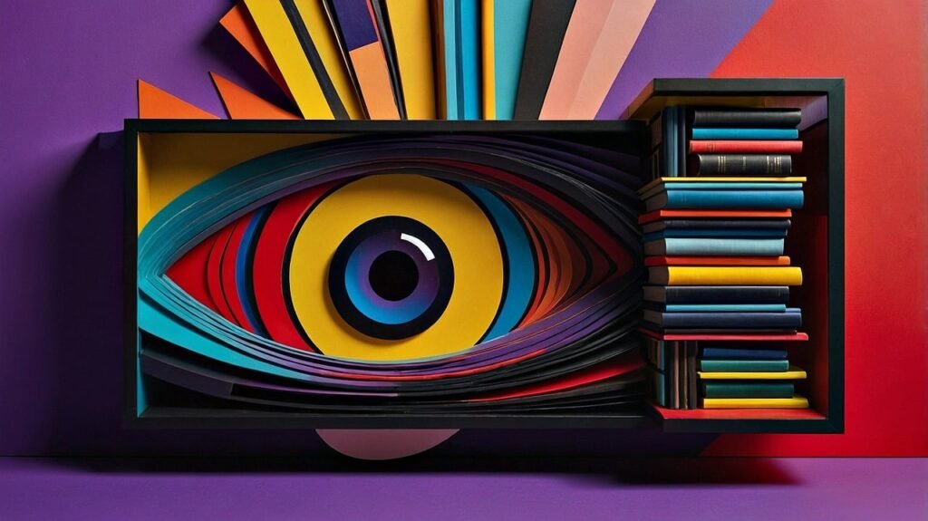 Una estantería con las páginas que parecen un ojo.