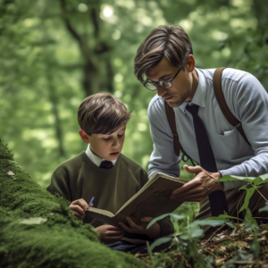 Profesor y alumno leyendo juntos en un bosque.