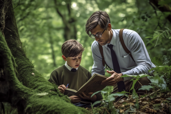 Profesor y alumno leyendo juntos en un bosque.